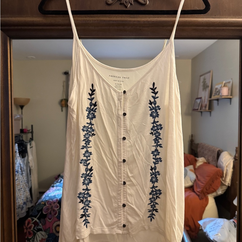 American Eagle Soft&Sexy White Camisole with Blue Floral Embroidery